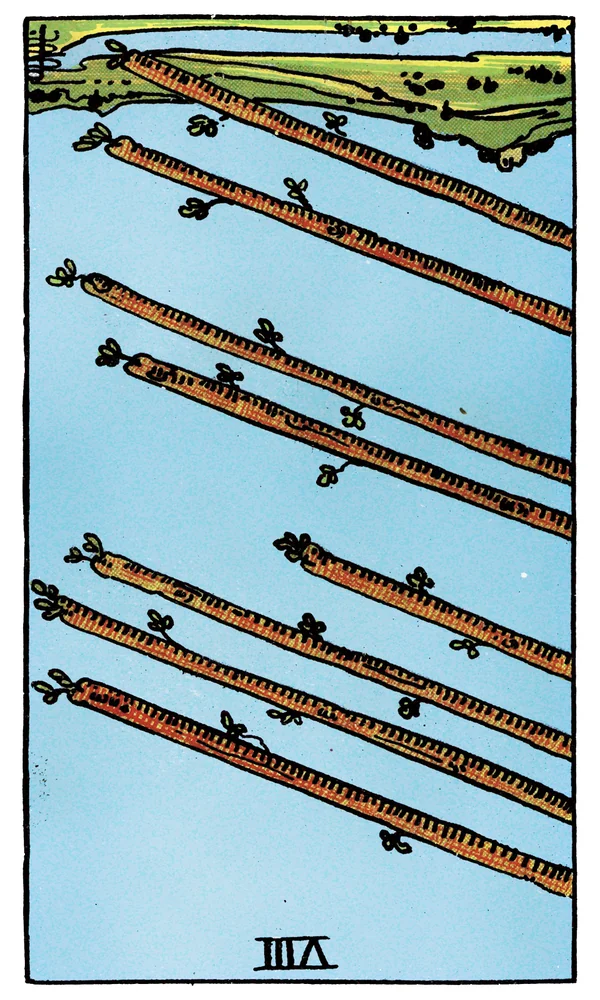 Tarot card Eight of Wands reversed