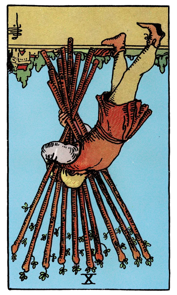 Tarot card Ten of Wands reversed