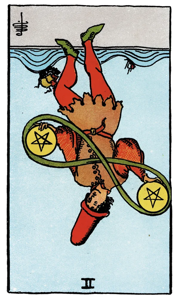 Tarot card Two of Pentacles reversed